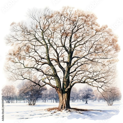 Watercolor tree illustration, empty tree drawing isolated on white.