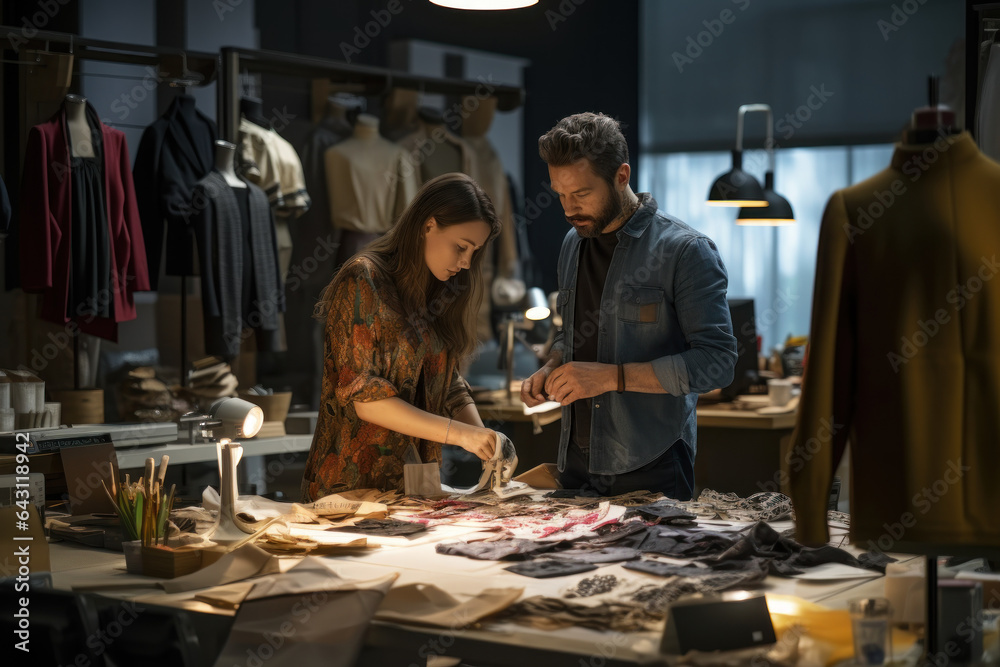A designer and artisans collaborate in a creative studio, embodying the collaborative spirit of ethical fashion production. Generative Ai. A designer and artisans collaborate in a creative studio, embodying the collaborative spirit of ethical fashion production. Generative Ai.