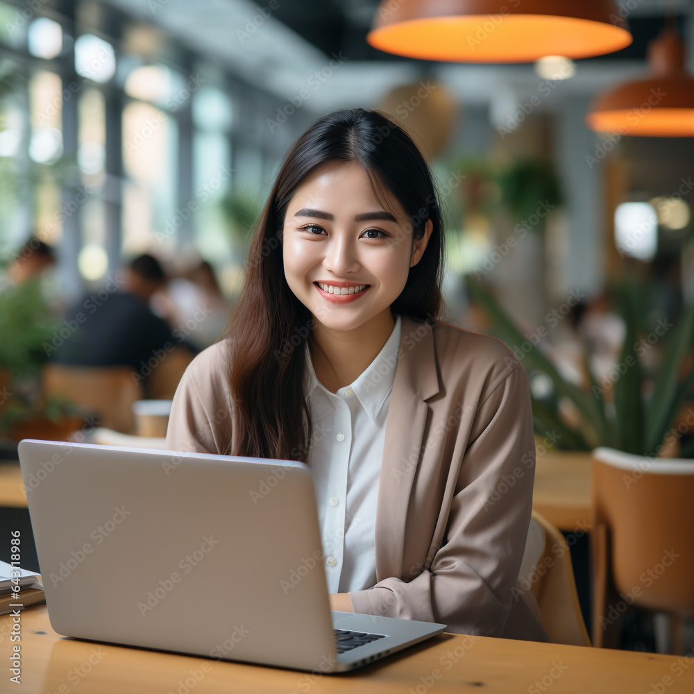 Fototapeta premium A beautiful and young Asian girl is sitting at a table with a laptop m smiling