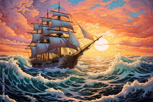 Fotografie anime style picture of a old traditional big sailing ship in the ocean, ai tools