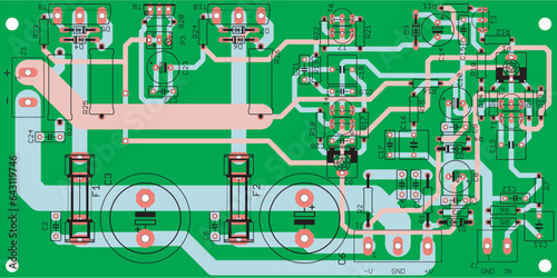 Vector printed circuit board of an electronic 
device with components of radio elements, 
conductors and contact pads placed on it. 
Engineering drawing.