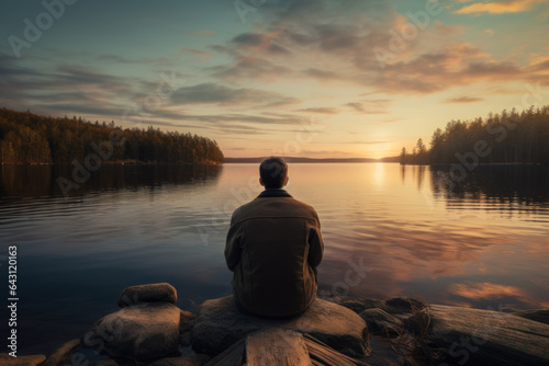 A person enjoys a moment of solitude by a calm lake, embracing the serenity and tranquility that nature provides for wellbeing. Generative Ai.