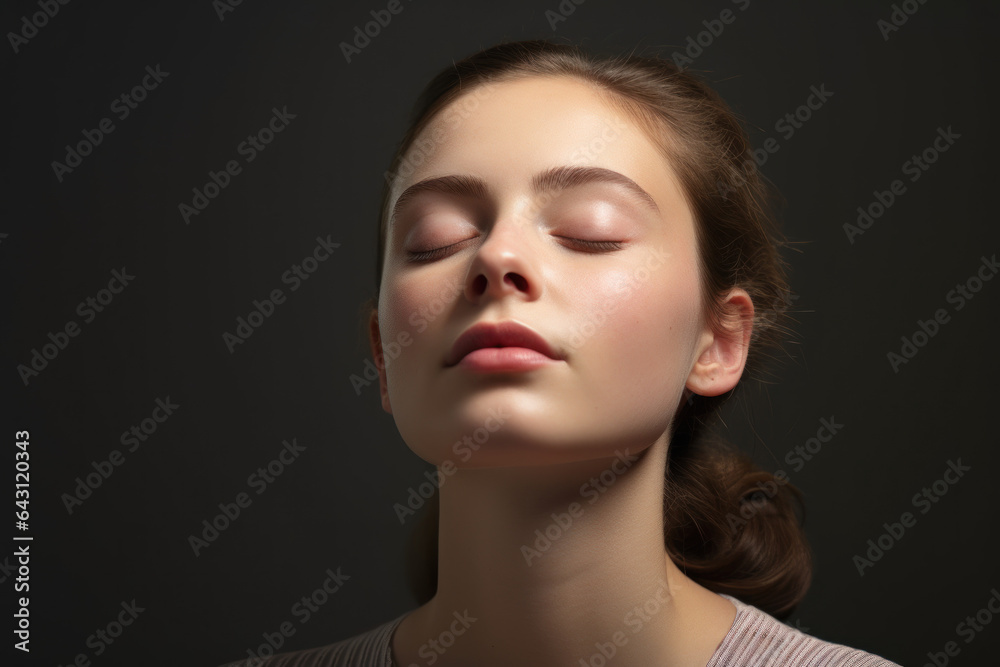 A person performs slow and controlled head rotations, gently moving the head from side to side to promote neck flexibility. Generative Ai. A person performs slow and controlled head rotations, gently moving the head from side to side to promote neck flexibility. Generative Ai.