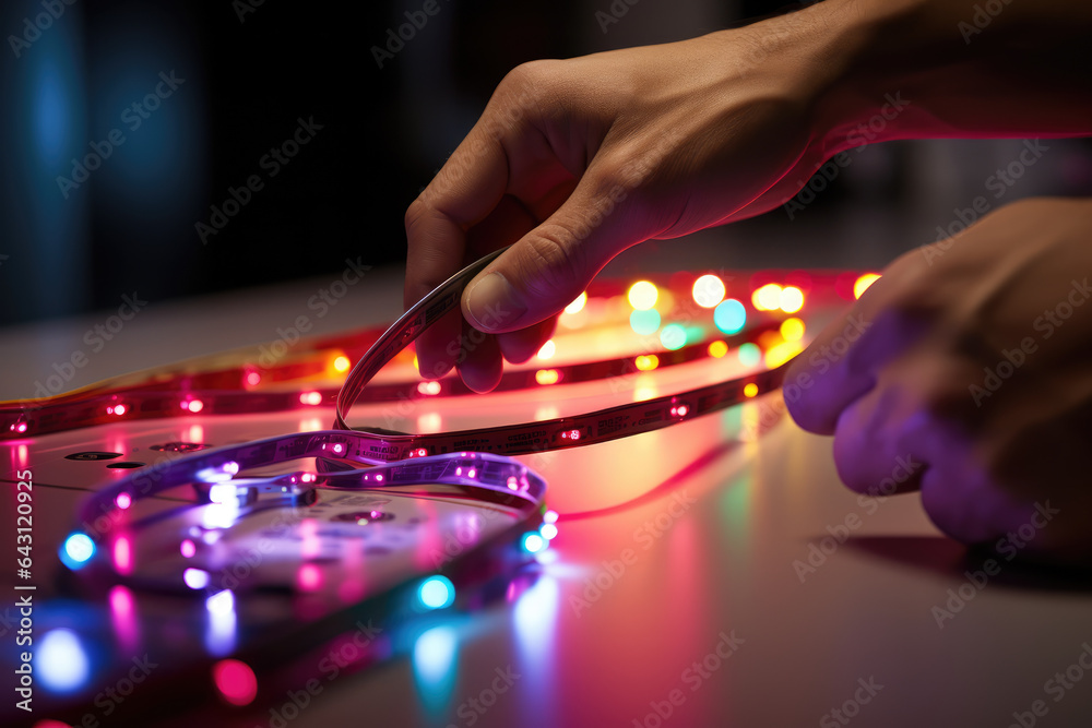 A close-up of a person's hand adjusting the color and brightness of smart LED light strips for ambiance. Generative Ai. A close-up of a person's hand adjusting the color and brightness of smart LED light strips for ambiance. Generative Ai.