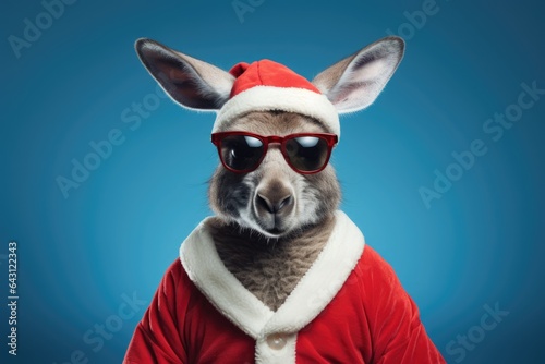 Portrait of kangaroo with Santa Claus hat. AI generative art