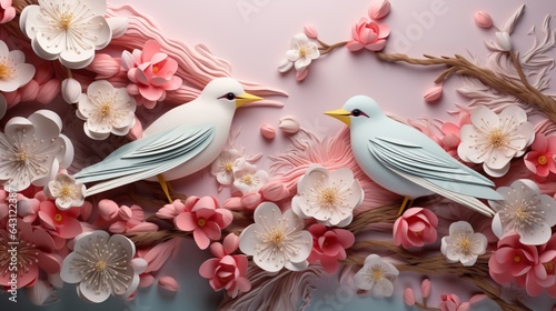 3d illustration, white and pink flowers with birds