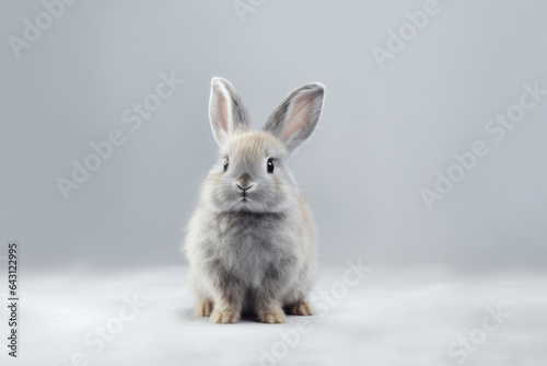 Cute Bunny On Gray Background . Сoncept Cuteness Of Bunny, Gray Colored Backgrounds, Fur Texture, Bunny Photographs photo