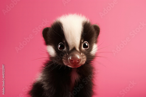 Cute Baby Skunk On Pink Background . Сoncept Adorable Animals, Nature And Wildlife, Photography, Bright Colors