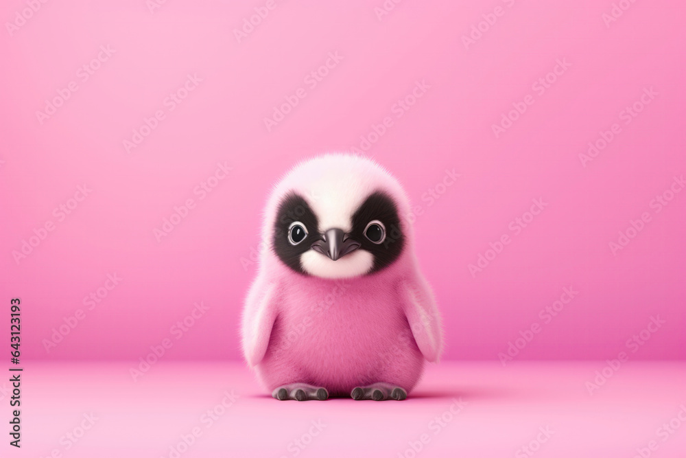Fototapeta premium Cute Baby Penguin On Pink Background . Сoncept Trendy Nursery Decor, Adorable Baby Animals, Baby Penguin Behavior, Pink Color Psychology