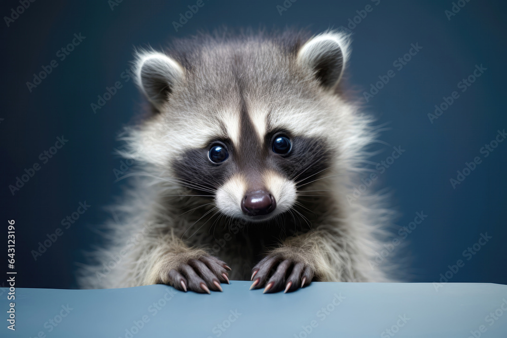 Fototapeta premium Cute Baby Raccoon On Gray Background . Сoncept Cute Baby Raccoons, Gray Backgrounds, Reasons To Adopt An Animal, Pet Care Tips