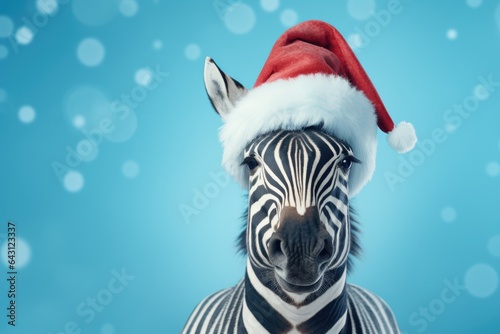 Portrait of zebra with Santa Claus hat. AI generative art