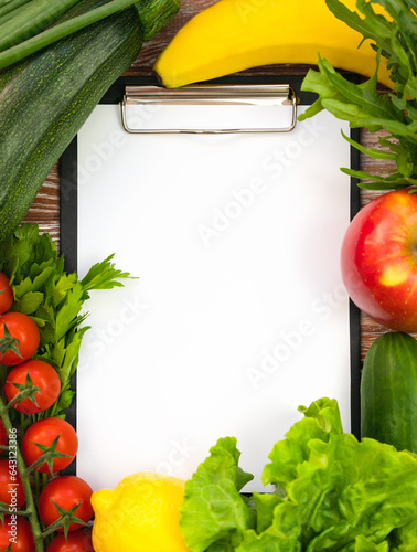 Blank notepad and healthy food. Diet, meal plan. Healthy food concept. Top view. Copy space.