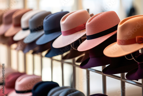 Store Closeup Fashionable Hats Displayed On Shelves photo