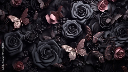Wallpaper Mural 3D view of the 3D wallpaper showing black roses and butterflies on a beautiful background Torontodigital.ca