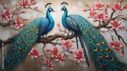 3D wallpaper , oil painting tree branch with flowers , oil painting two peacock with small and large butterflys