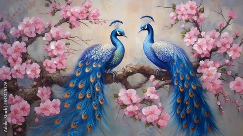 3D wallpaper , oil painting tree branch with flowers , oil painting two peacock with small and large butterflys