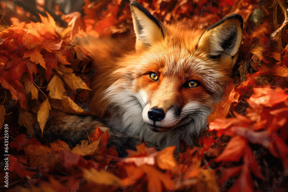 Fox Lies In The Fall Leaves In The Forest