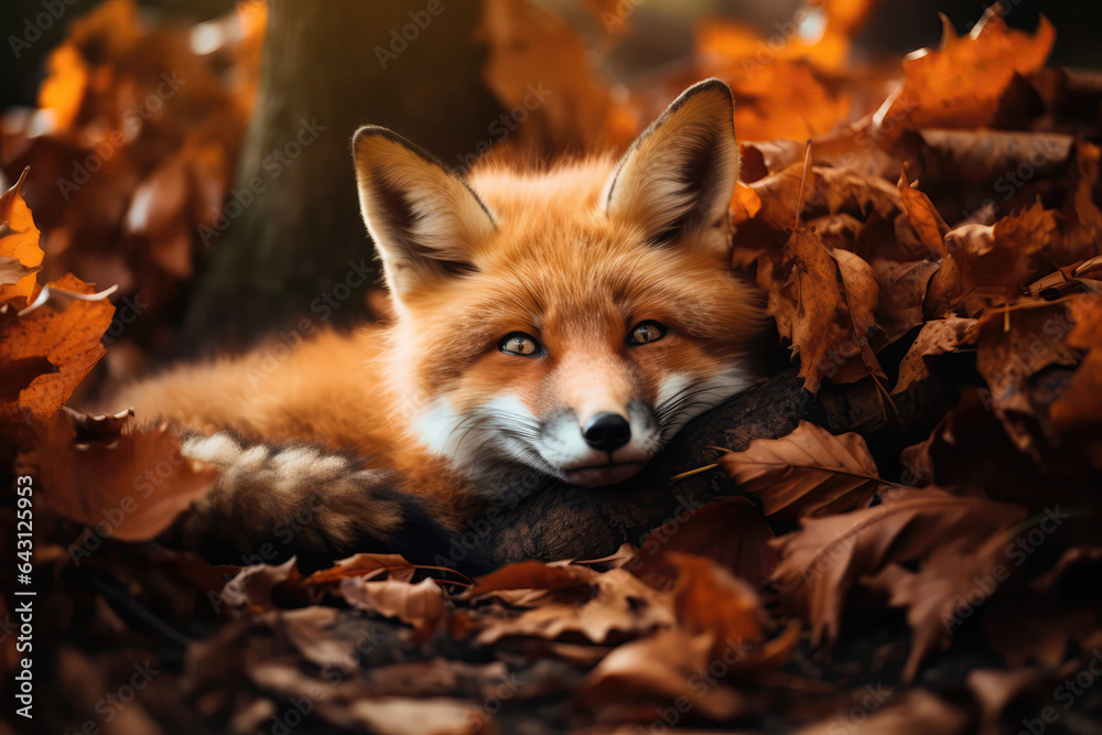 Obraz premium Fox Lying In Autumn Leaves. Сoncept Fox Lying In Autumn Leaves Autumn Foliage, Foxes In Nature, Animal Camouflage, Mindful Moments