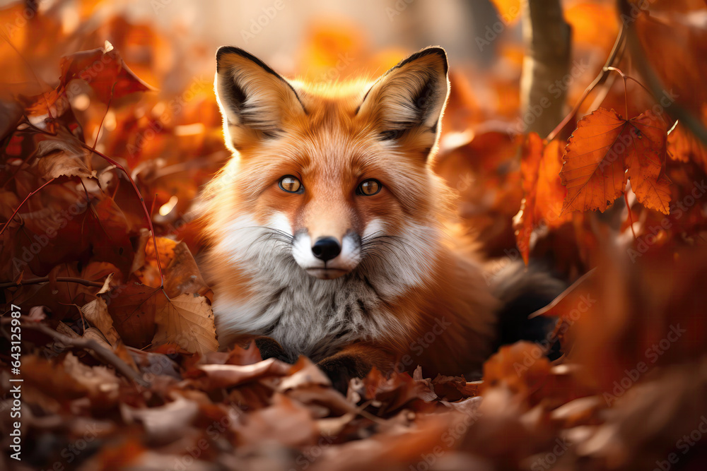 Fototapeta premium A Close Up Of A Fox Laying In Leaves