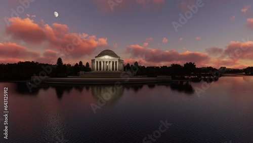Side aerial shot at sunset of the Thomas Jefferson Memorial in Washington D.C. - United States