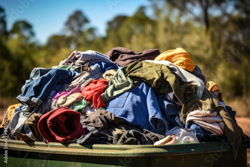 Pile Of Wornout Clothes In Roadside Dumpster. Сoncept Donating Worn Clothing, Roadside Trash Cleanups, Unsustainable Clothing Production, Textile Recycling photo