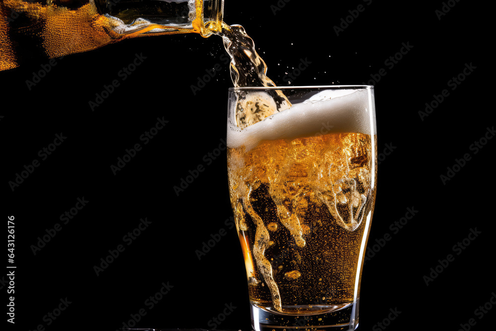 Beer Poured Into Glass Closeup On Black Background . Сoncept Glassware