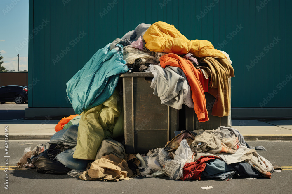 Discarded Clothes In Dumpster Behind Shopping Mall. Сoncept Benefits Of