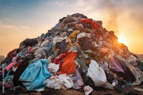 Heap Of Clothes Tossed Into Landfill. Сoncept Fast Fashion Landfill Waste, Sustainable Fashion Alternatives, Economic Impact Of Fast Fashion, Consumer Habits Disposable Clothing photo