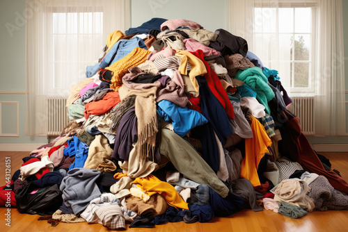 Chaos Of Clothes After Shopping Spree. Сoncept Organizing Closets, Creating Capsule Wardrobes, Clothing Care, Thrifty Shopping photo