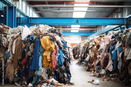 Clothing Scraps In Municipal Waste Sorting Facility. Сoncept Recycling Clothing Scraps, Sorting Waste At Municipal Facilities, Reducing Landfill Waste, Clothing Waste Impact On Environment