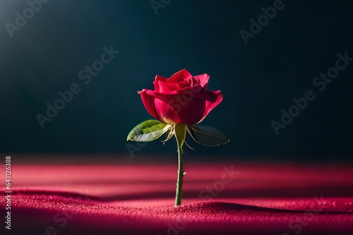 Artistic shot of a single special red rose against a dark, dramatic colourful background, look like realistic and high quality image photo