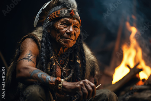 An indigenous elder from a Native American tribe sharing traditional stories around a campfire. Generative Ai.
