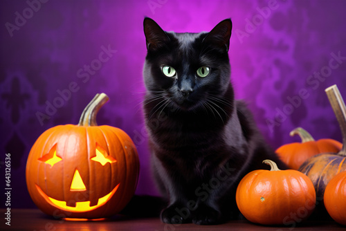 halloween cat with pumpkin on purple background . Halloween Cat with Pumpkin on Purple Background: Spooky Season Concept © Boris