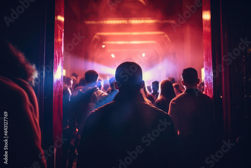 Queue Lot Of People In The Nightclub Entrance. Сoncept Danger Of Overcrowding, Fashion Preference Of Partygoers, Psychological Impact On Nightclub Patrons, Potential Solutions For Queuing photo