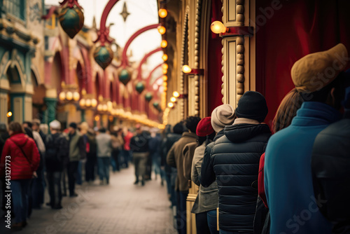 Queue Lot Of People In The Ride Entrance. Сoncept Queueing Experience, Ride Waiting Time, Popular Attractions, Safety Practices