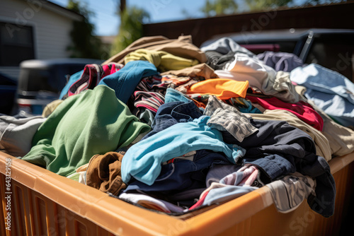 Neglected Clothing Piled High In Curbside Bin. Сoncept Clothing Donation Mismanagement, Textile Waste Crisis, Clothing Disposal Alternatives, The Benefits Of Donating Clothes