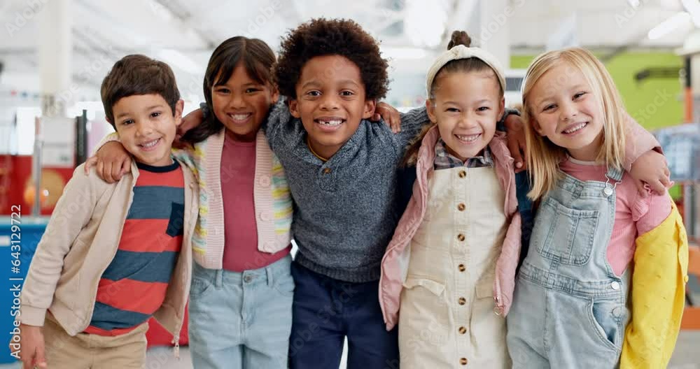 Education, diversity and children friends in a classroom together for learning, growth or development. Portrait, smile and happy student kids in back to school class for knowledge or academics