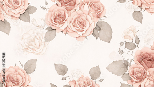 Vintage floral background with roses and leaves in pastel colors.