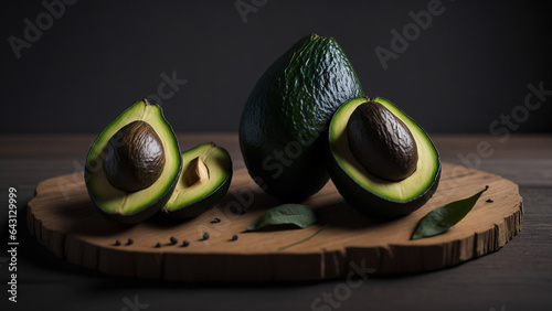 Avocado on a wooden board, black background, close-up