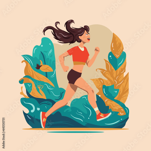 Woman With Long Hair Running with Abcstract Background Flat Illustration Design (ID: 643130751)