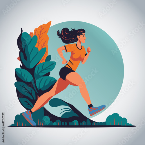 Woman Running With Leaf Background Flat Illustration Design (ID: 643130787)