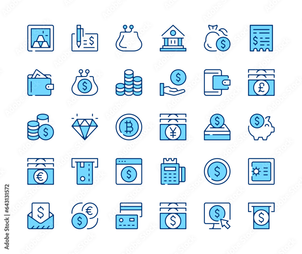 Money icons set. Vector line icons. Blue color outline stroke symbols. Modern concepts