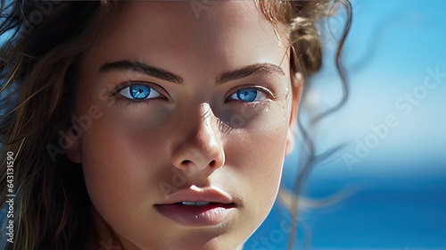 Model emphasizing striking blue eyes, set against a calm, azure ocean backdrop