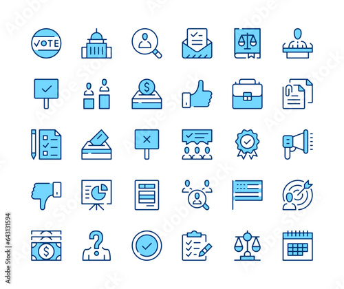 Voting icons set. Vector line icons. Blue color outline stroke symbols. Modern concepts