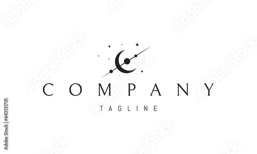 Vector logo on which an abstract image of an eclipse against the background of a parade of planets.