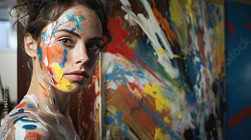 Model with face painted in abstract art, with a gallery of blurred paintings behind