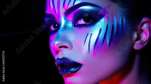 Model with neon makeup under blacklight, set against a club setting