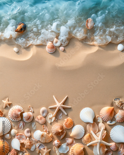 Muscheln und Seestern mit Sand als Hintergrund, Thema Sommerurlaub am Strand, Generative KI