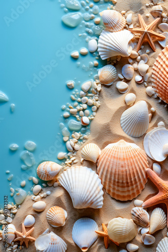 Muscheln und Seestern mit Sand als Hintergrund, Thema Sommerurlaub am Strand, Generative KI © pwmotion
