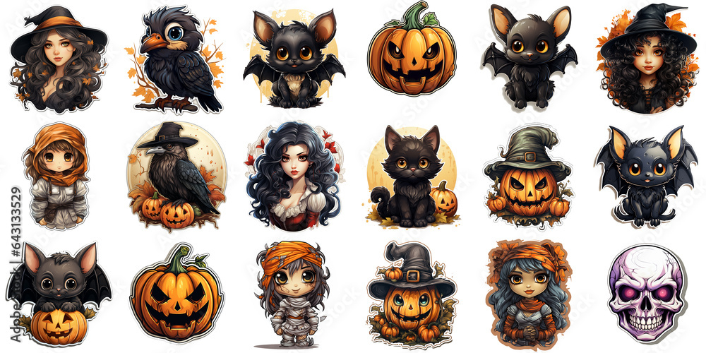 Fototapeta premium Happy Halloween holiday stickers pack, many creepy color cute Haloween cartoon characters collection spooky scary traditional trendy elements badges symbols set isolated on white background.